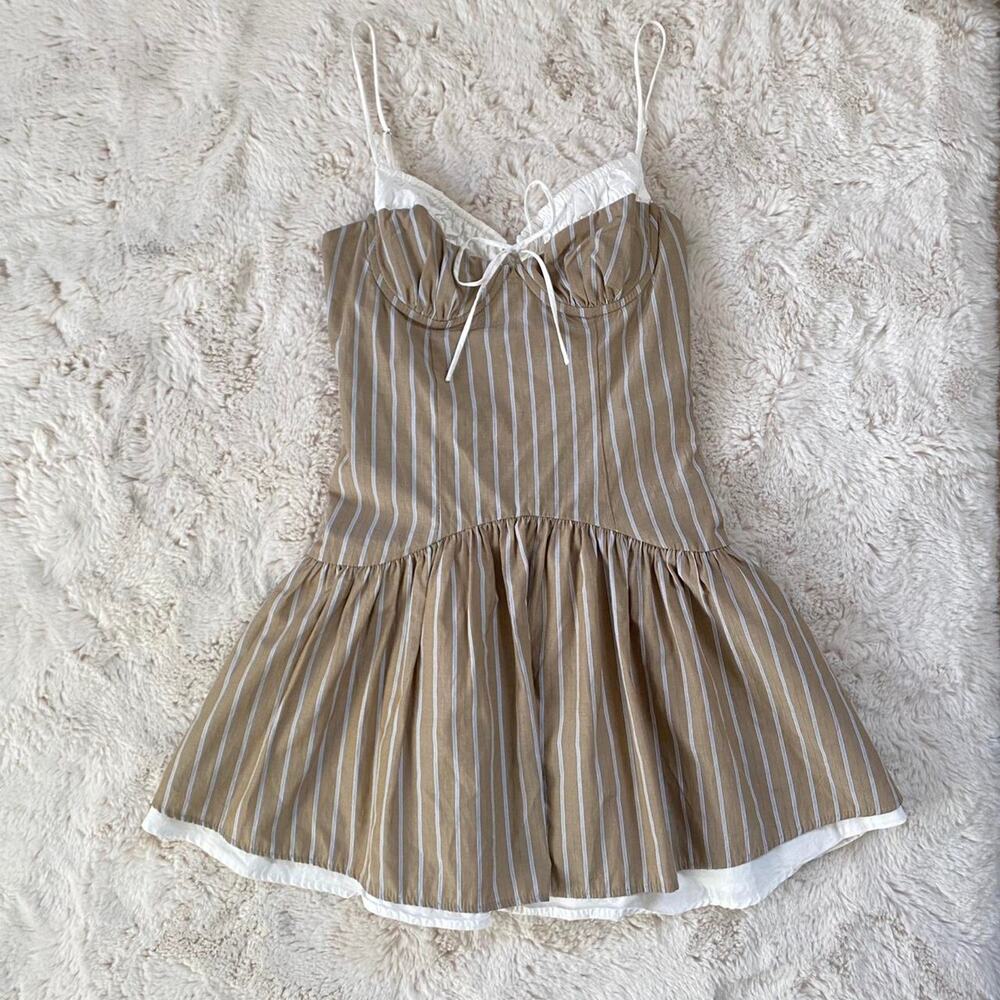 Nia Cream and Brown Peasant Striped Mini Dress - Picture 2 of 11